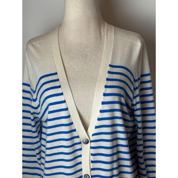 Ann Taylor Sweater Women Medium Blue White Striped Button Front Cardigan Preppy - Picture 6 of 11